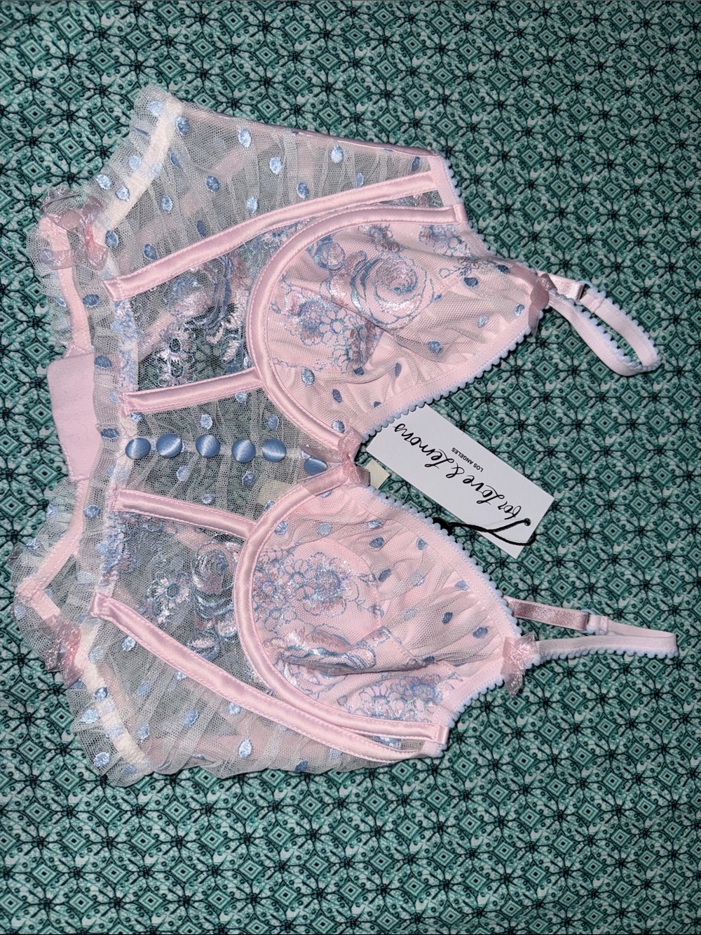 For Love & Lemons Pink Embroidered Sheer High-Neck Bra
